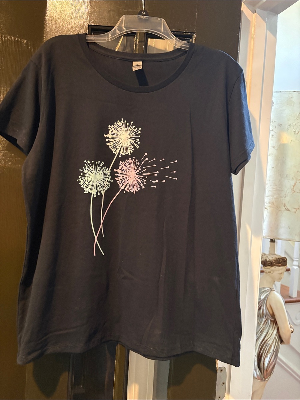 Gildan Black Short-Sleeve Tee with Pastel Dandelion Trio NWOT